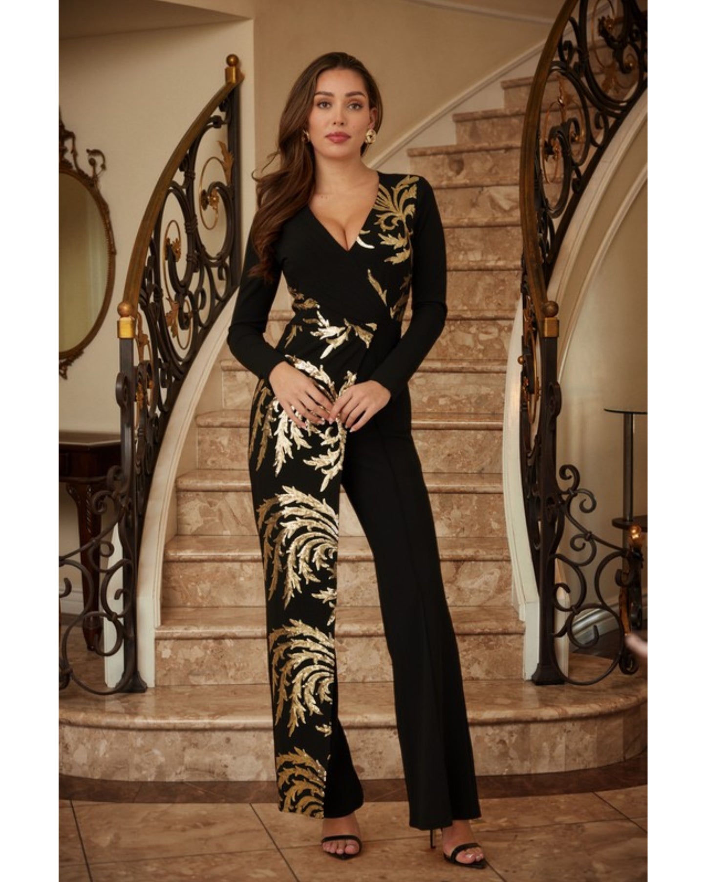 Sequin print detailed fashion jumpsuit Women Long Sleeve Spandex