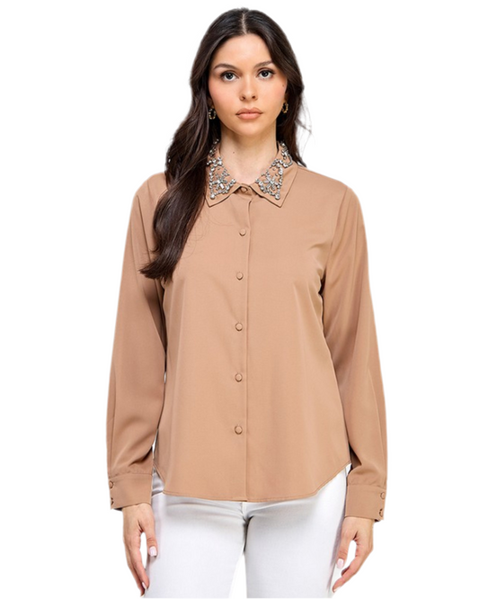 rhinestone detail collar button down top Women Blouse Mocha