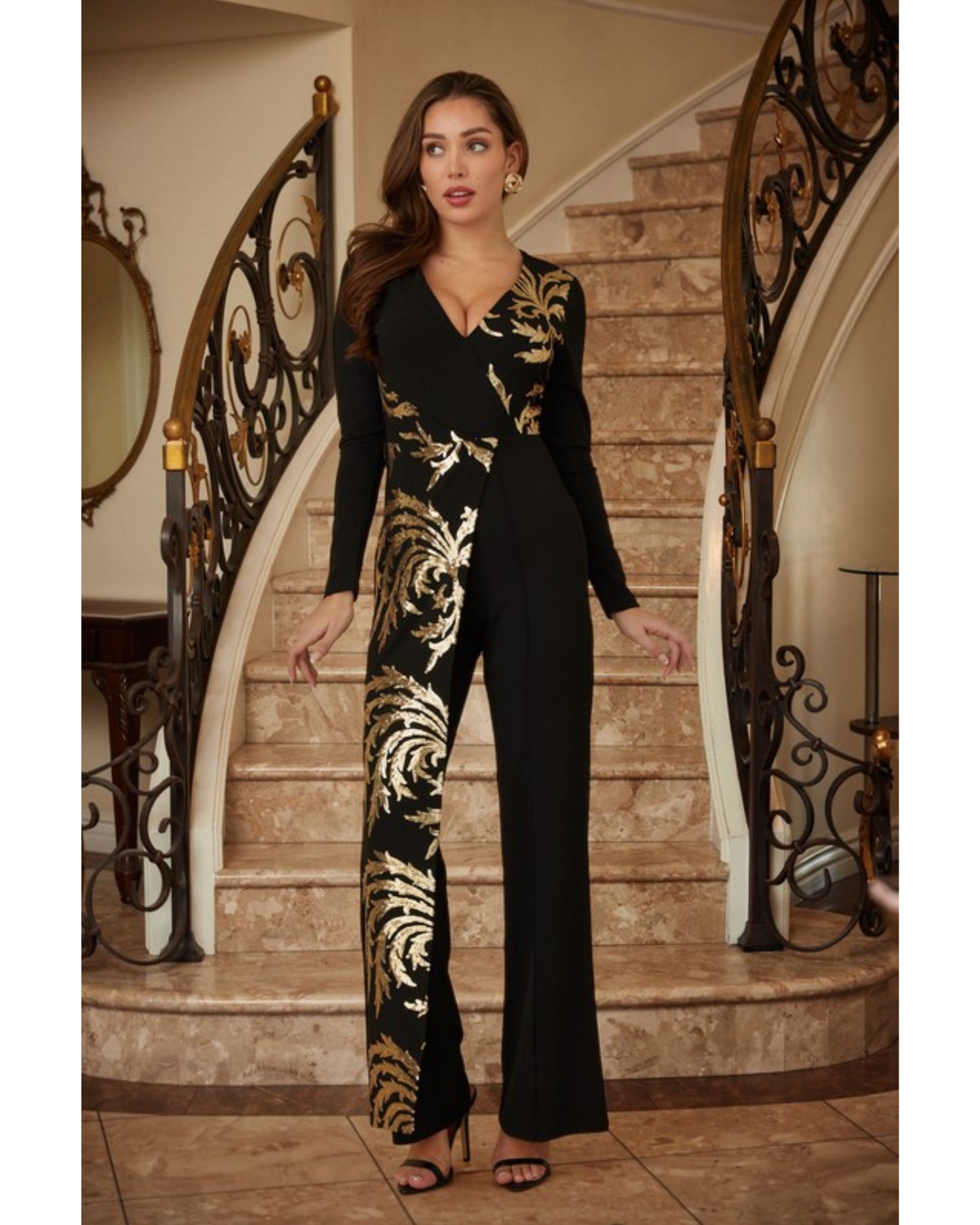 Sequin print detailed fashion jumpsuit Women Long Sleeve Spandex